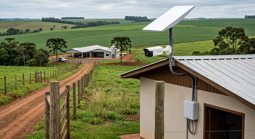 Instalação de câmera de segurança com energia solar em propriedade rural